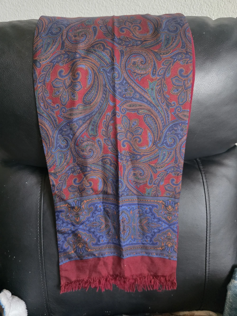 Harve Benard Silk  Red Paisley Scarf with Blue Accents